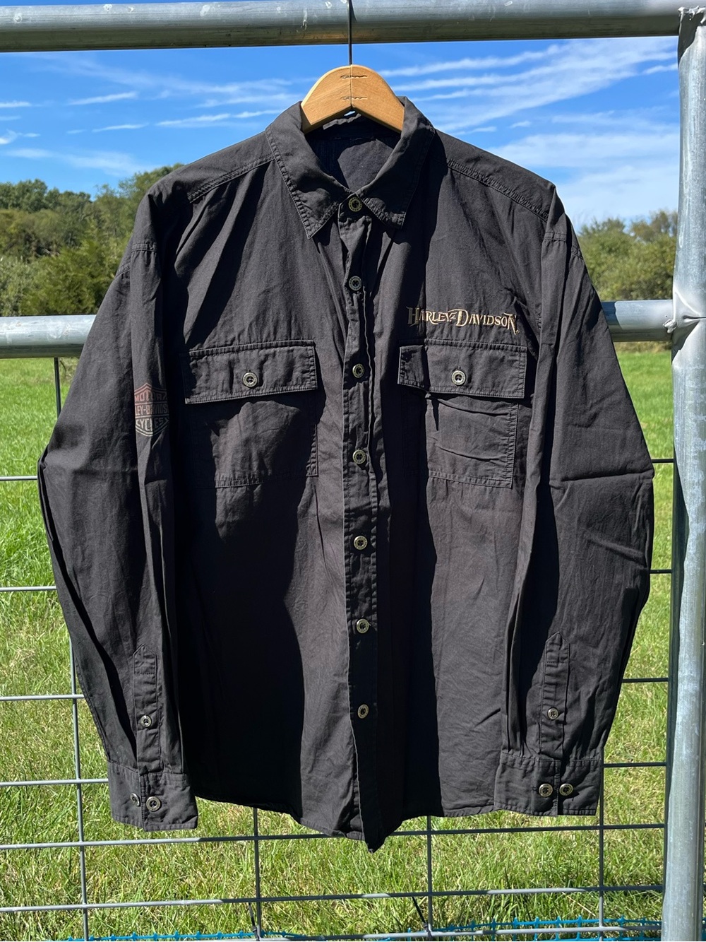 2007 Harley-Davidson Motorcycles Biker Eagle Flames Button-Up Shirt Y2K Goth